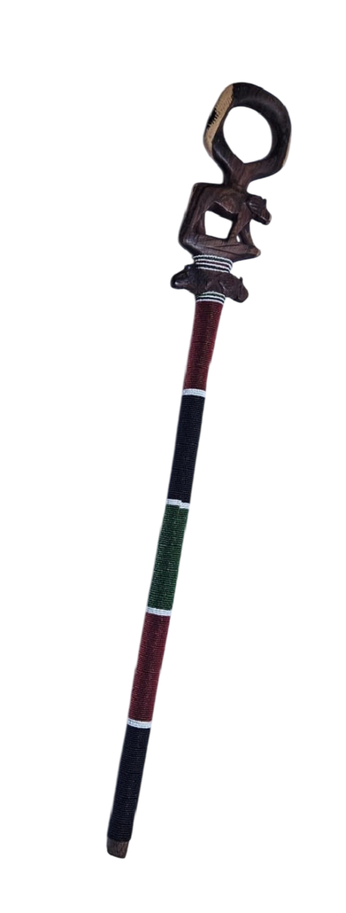 A dark brown Kenyan Maasai beaded walking stick easy and comfortable to carry and is fashionable, durable.