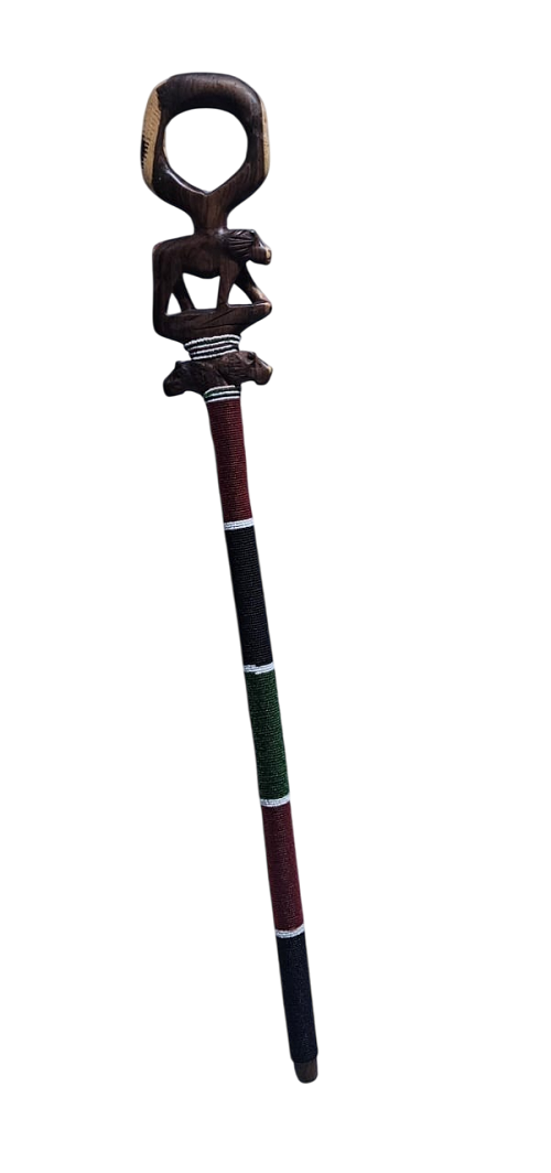 A dark brown Kenyan Maasai beaded walking stick easy and comfortable to carry and is fashionable, durable.