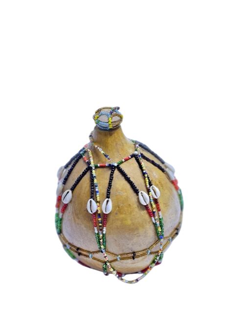 A brown calabash having maasai beads best for home decoration and authentic African gift readily available.