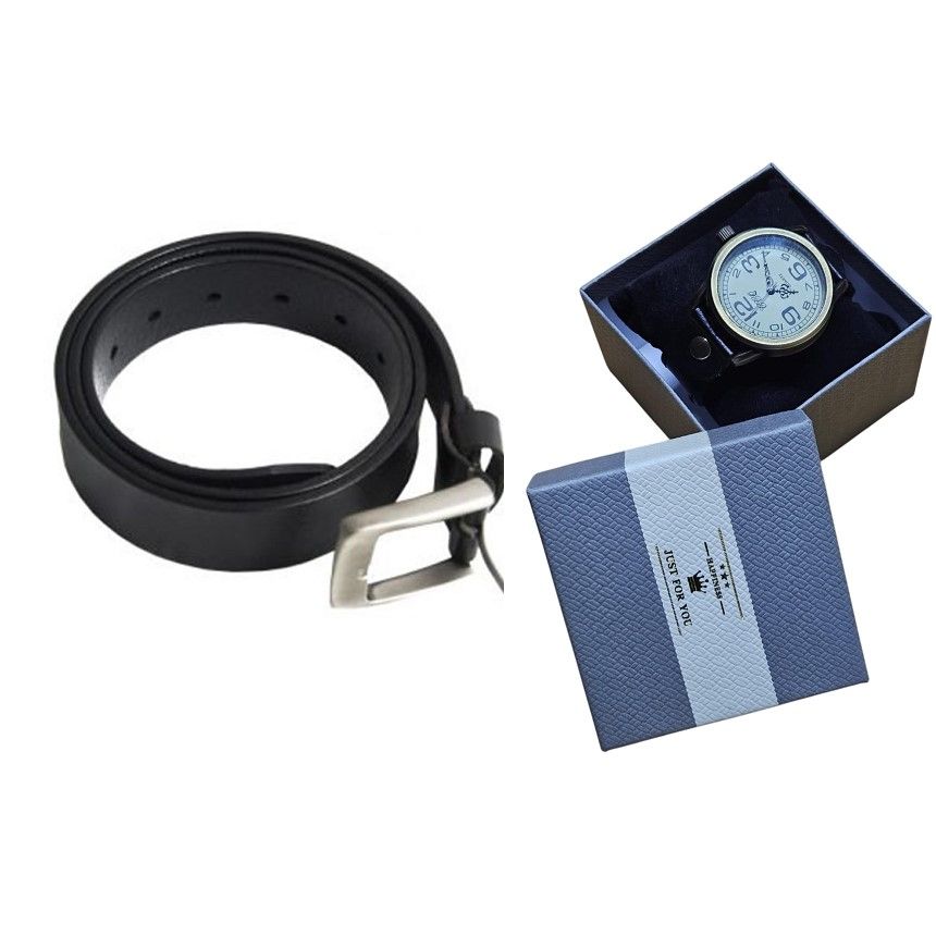 Men's black casual leather belt and matching black vintage leather watch combo best gift to offer and are fashionable