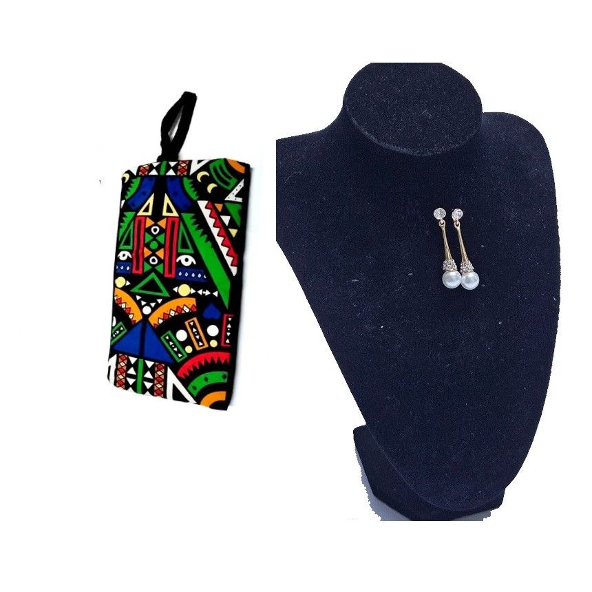 Ladies green Ankara pouch and drop don white pearl earrings combo readily available and gift to offer