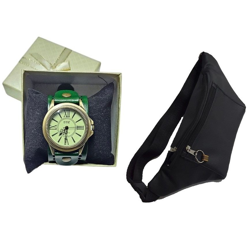 Men's green vintage leather watch and black leather waist bag combo best gift to offer and fashionable to have.