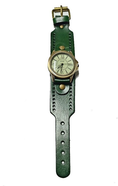 Men's green vintage leather watch and black leather waist bag combo best gift to offer and fashionable to have.