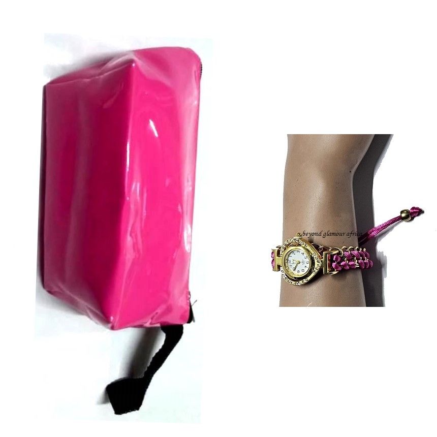 Ladies pink coin purse and wristwatch with pink stripe and love designed face watch combo