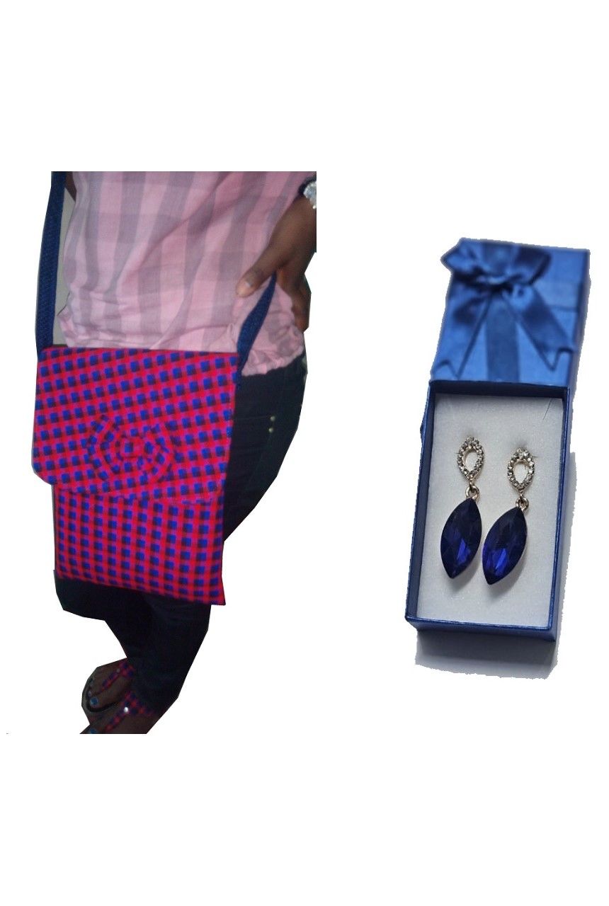 Ladies blue pink maasai cloth sling bag and blue drop down fashion earrings combo classic, durable and best gift to offer.