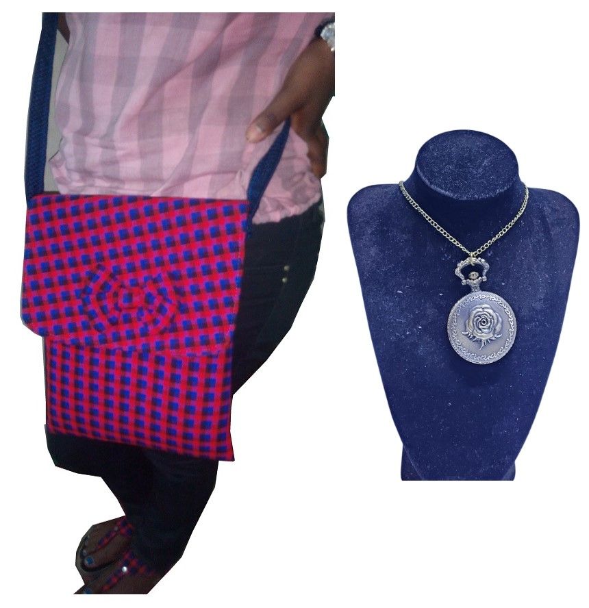 A rose pocket watch and a blue pink maasai cloth sling bag combo easy and comfortable to wear, durable and fashionable