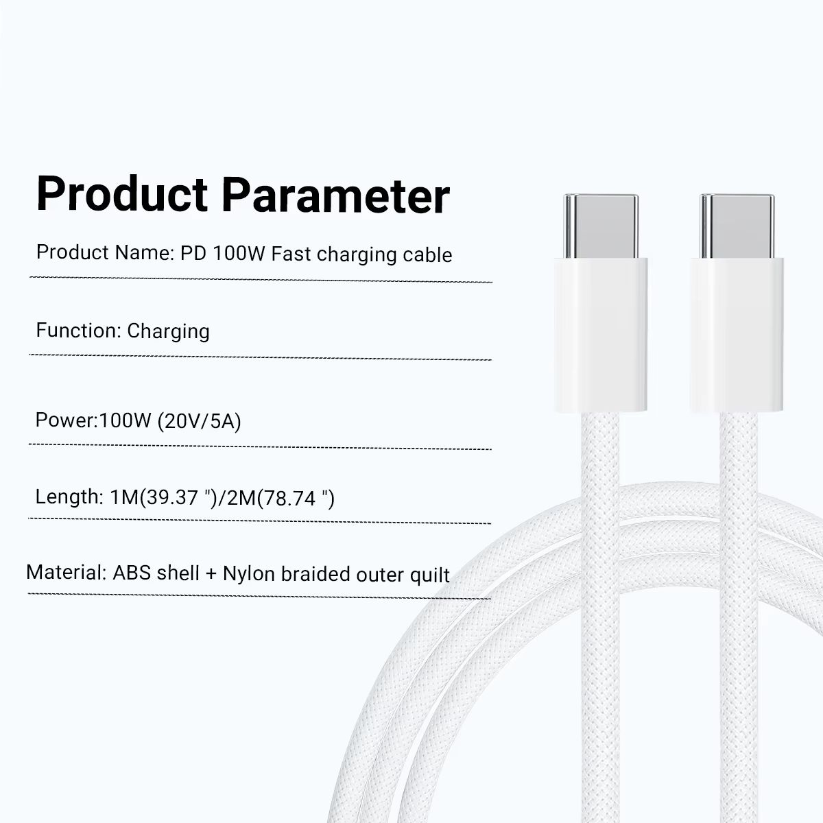 Nylon Braided 100W USB C to USB C Cable for Samsung S24/S24+/S24 Ultra/S23+/S23 Ultra, MacBook, iPad Pro Air, Pixel-White
