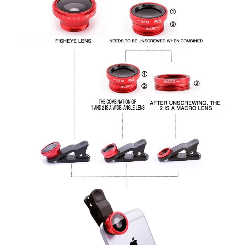 3 in 1 Fisheye Lens 0.67X Wide Angle Micro Camera Lens for iPhone Angle Zoom Fish Eye Len on Smartphone Lenses with Phone Clip