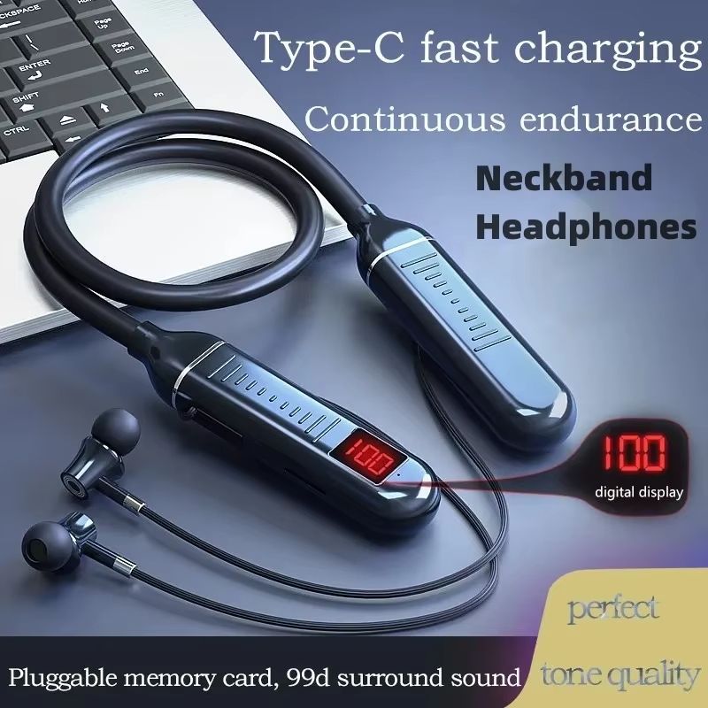 Wireless Earphones Neckband Headphones Gaming LED Display Stereo Sports Headset Halter Waterproof Magnetic Earbuds