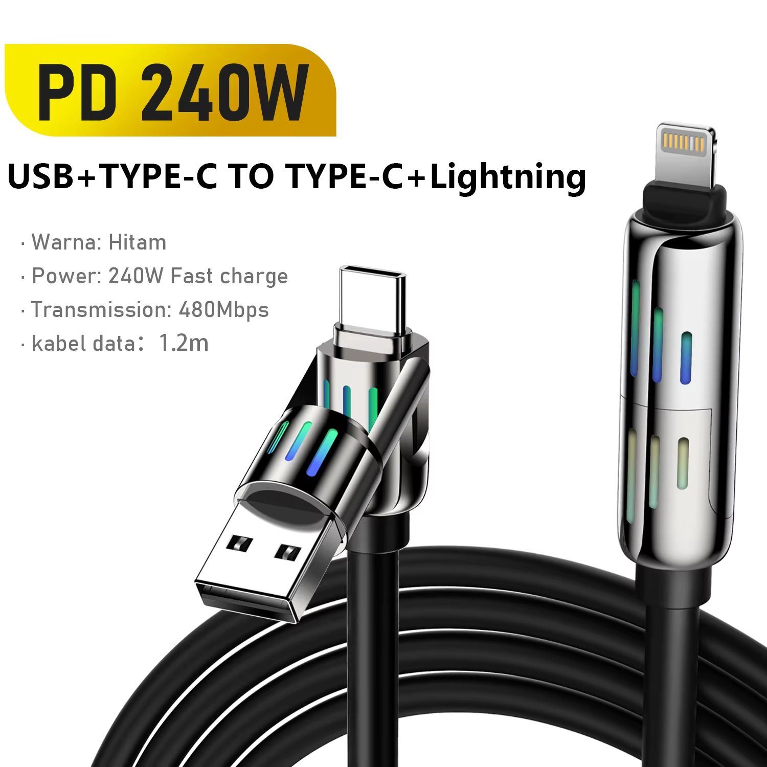 USB Fast Charging Cable, 2-in-2, PD240W, Colorful Ambient Light, Liquid Silicone Material, iPhone, Samsung, Huawei, Xiaomi