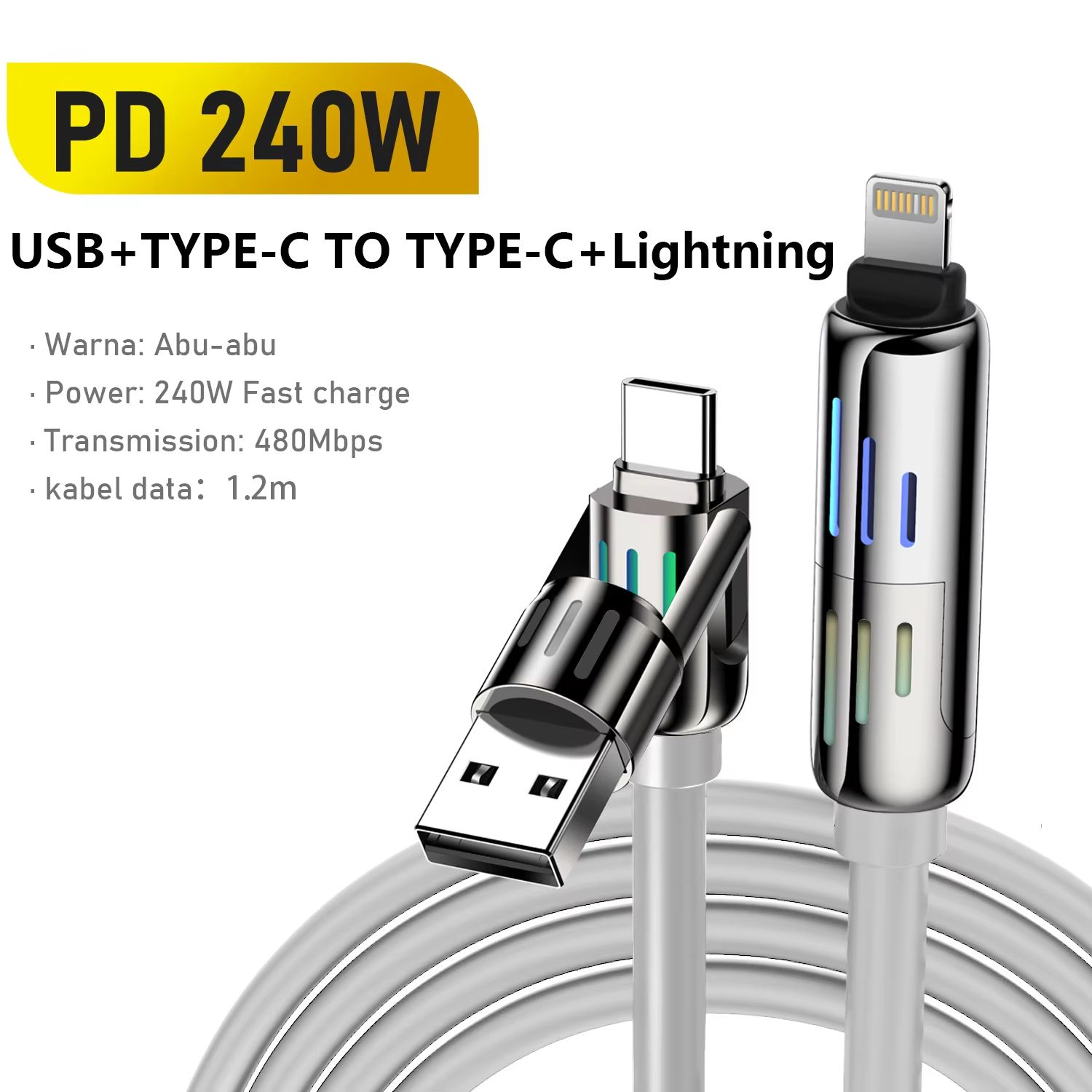 USB Fast Charging Cable, 2-in-2, PD240W, Colorful Ambient Light, Liquid Silicone Material, iPhone, Samsung, Huawei, Xiaomi