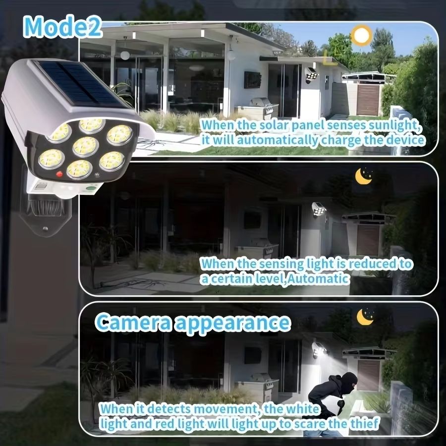 LED Outdoor Motion Sensor Solar Lights FloodLight Waterproof Wireless Dummy Decoy Fake Security Camera for Porch Garden Patio