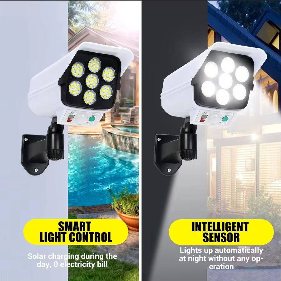 LED Outdoor Motion Sensor Solar Lights FloodLight Waterproof Wireless Dummy Decoy Fake Security Camera for Porch Garden Patio