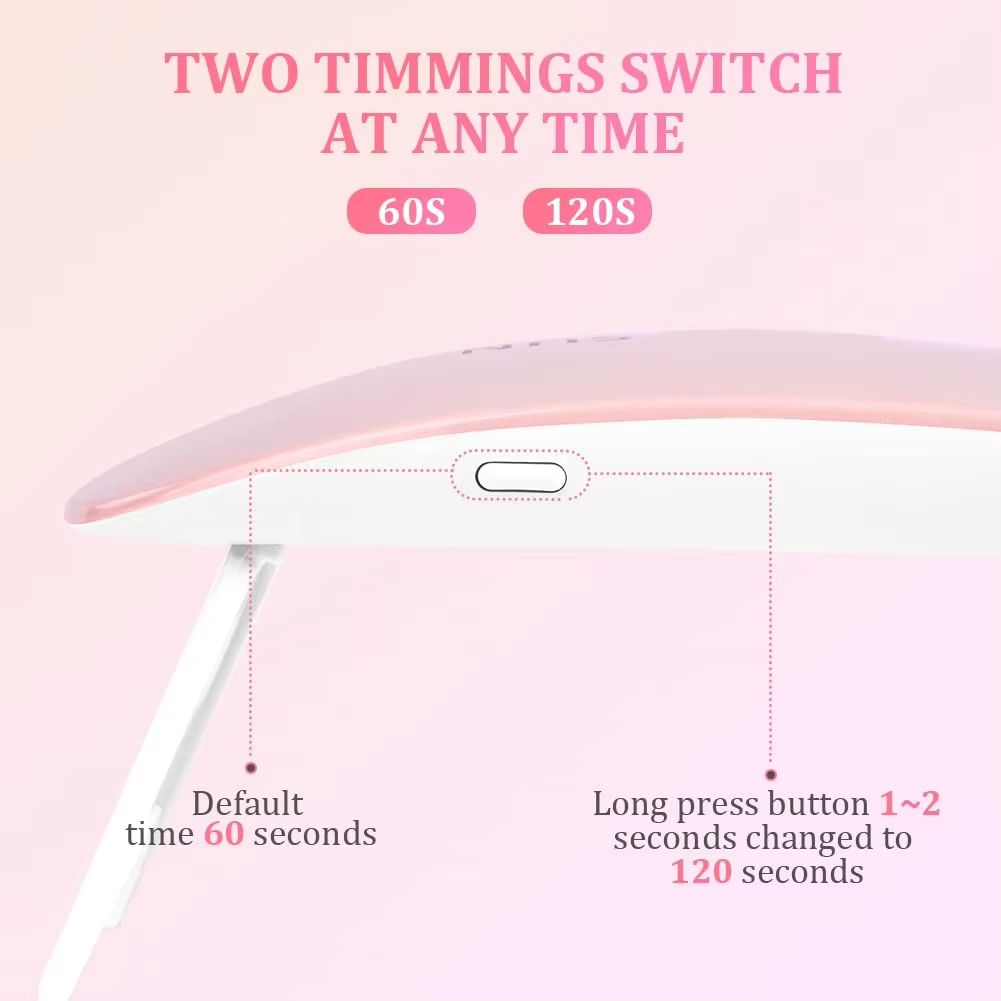 Mini Nail Dryer Lamp 6W LED UV Portable Nail Dryer Curing Lamp Light for Gel Based Polish with 60s/120s Timer Setting