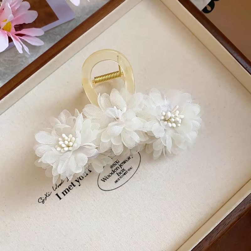 Pink Gauze Cubic Floral Hair Claws for Women Small Acrylic Shark Clip Sweet Mori Girl Style Fashion Holiday Beach Adornment