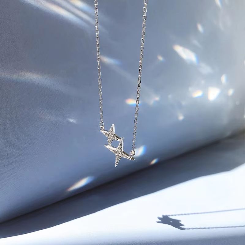 Brand New 925 Sterling Silver Star Necklace One Large Small Two Stars Pendant Clavicle Chain Gift Ladies Fashion Jewelry