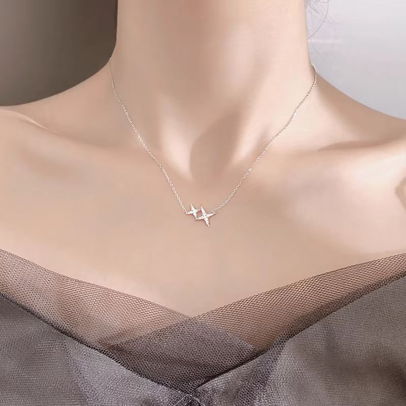Brand New 925 Sterling Silver Star Necklace One Large Small Two Stars Pendant Clavicle Chain Gift Ladies Fashion Jewelry