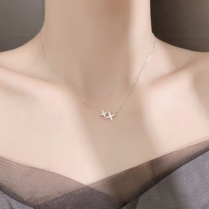Brand New 925 Sterling Silver Star Necklace One Large Small Two Stars Pendant Clavicle Chain Gift Ladies Fashion Jewelry