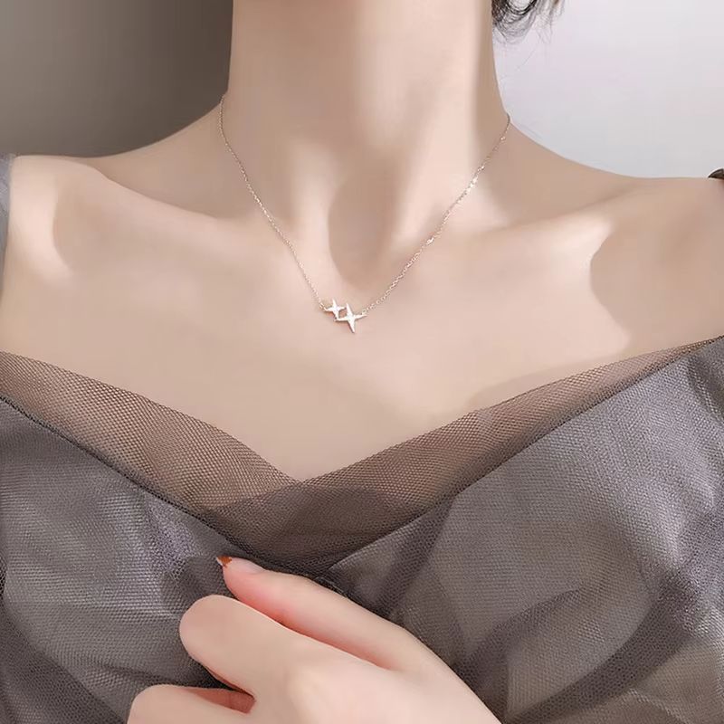 Brand New 925 Sterling Silver Star Necklace One Large Small Two Stars Pendant Clavicle Chain Gift Ladies Fashion Jewelry