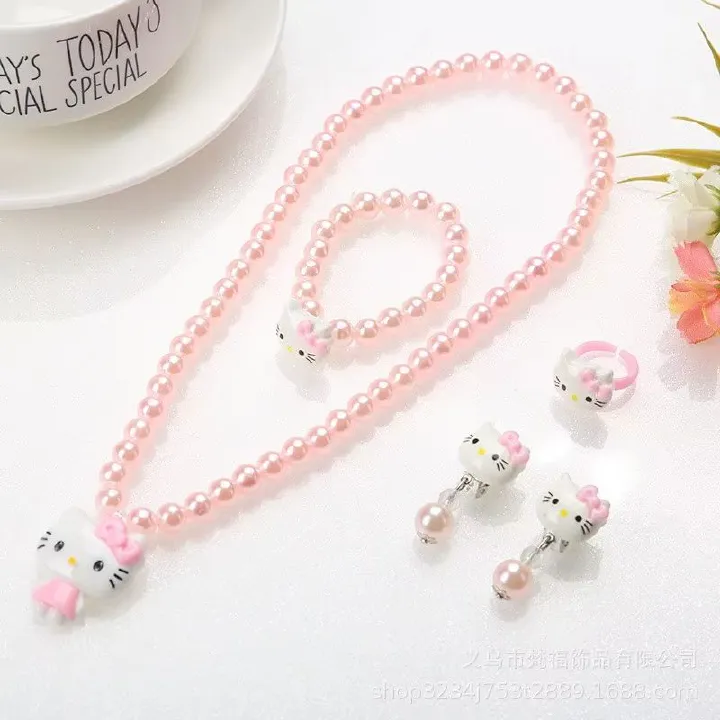4pcs/set Cartoon Kawaii Necklace Hairclips Ring Set Toy Kids Hairpins Girl Heart Accessories Birthday Gifts