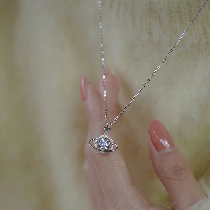 Silver Planet Shape Necklace Simple Charm Shiny Geometric Shape Pendant Birthday Gift for Women Exquisite Jewelry