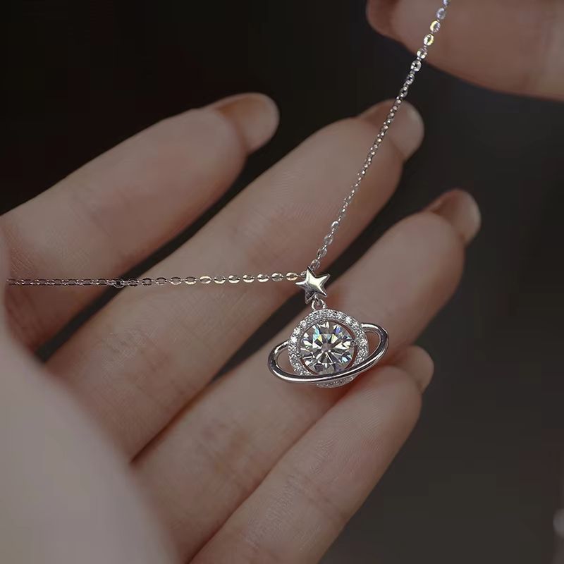Silver Planet Shape Necklace Simple Charm Shiny Geometric Shape Pendant Birthday Gift for Women Exquisite Jewelry