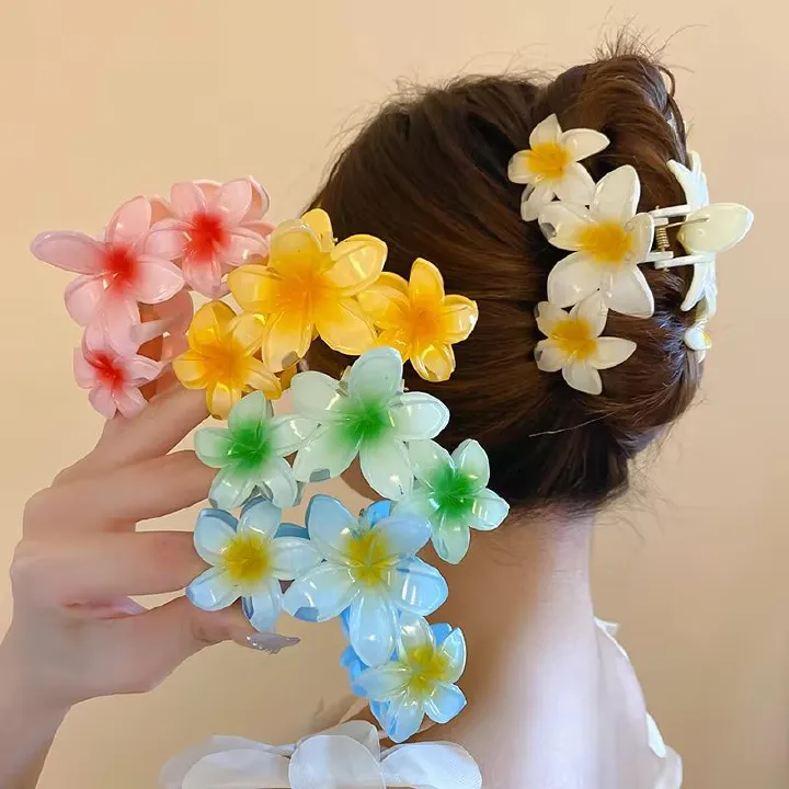 Dopamine Sunflower Shark Clip Sweet Gradient Flower Grab Clip Ponytail Braid Hair Clip for Girls Beach Vacation Hairstyles