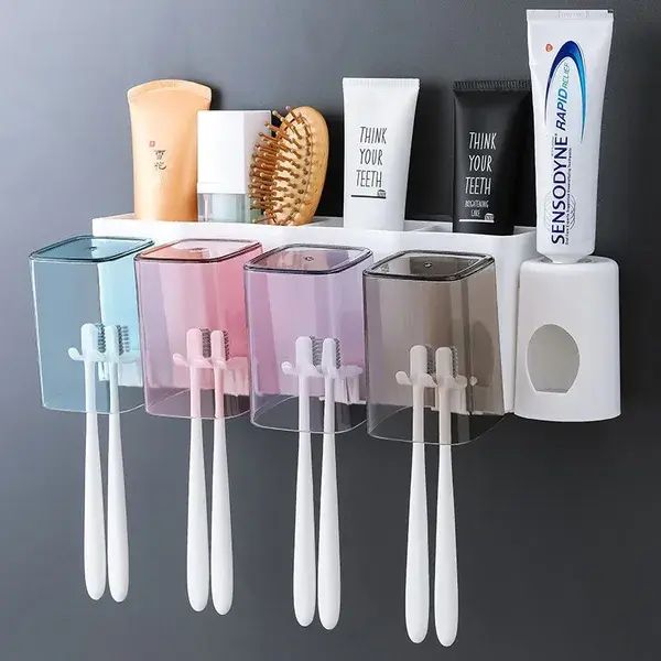 Toothbrush Holders Creative Toothbrush Shelf Mouthwash Brushing Cup Wall Hanging Toilet Storage Automatic Toothpaste Dispenser No Punch Wall Hanging