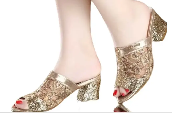New Style Shiny Beauty Square heel Round toe Popular mules Summer high heel slippers for women and ladies