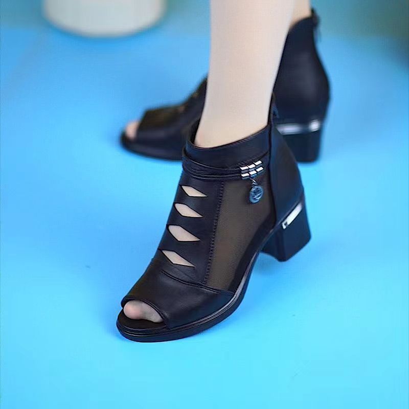 Customized PU Leather Fashion Breathable Boots Women Shoes Black White Summer Mesh Ankle Boots Ladies Female Heels Shoes