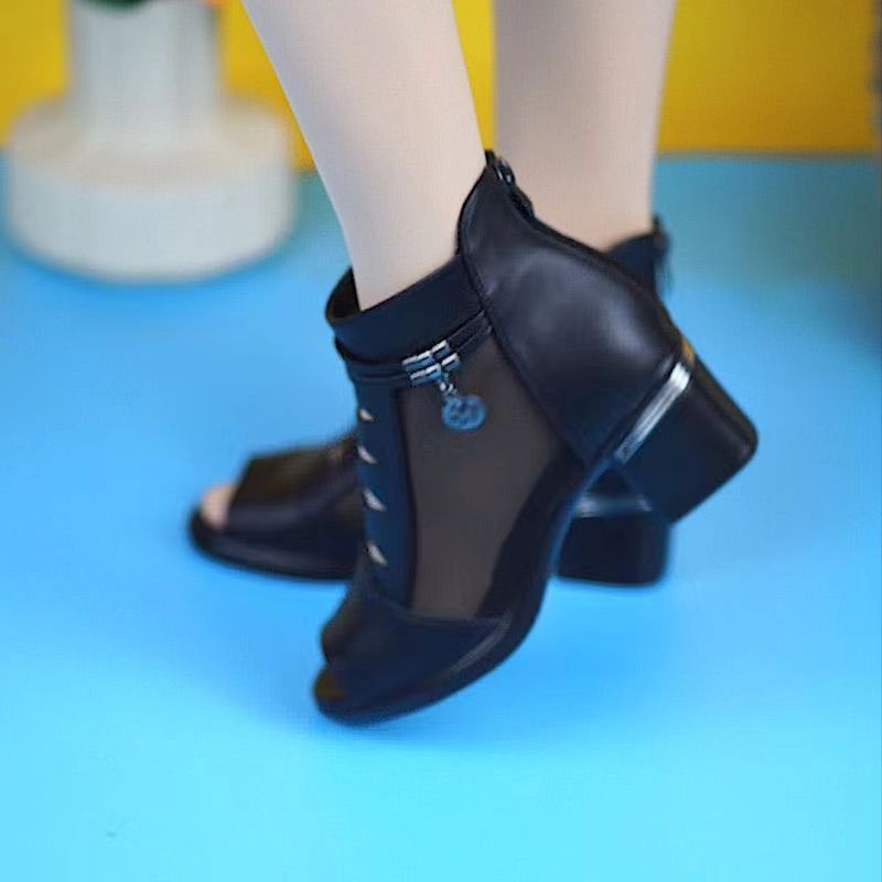 Customized PU Leather Fashion Breathable Boots Women Shoes Black White Summer Mesh Ankle Boots Ladies Female Heels Shoes