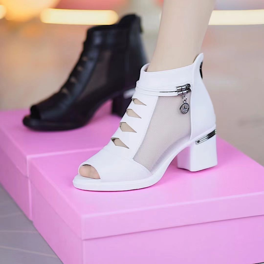 Customized PU Leather Fashion Breathable Boots Women Shoes Black White Summer Mesh Ankle Boots Ladies Female Heels Shoes