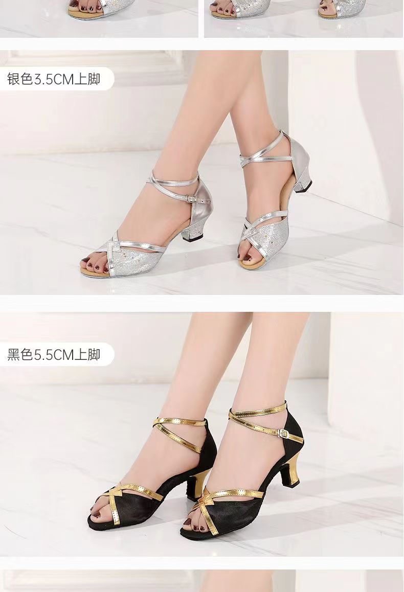 shuo women 5.5cm and 3.5cm high heel glittery fish mouth dance shoes woman shiny gold silver black dance shoes sandals