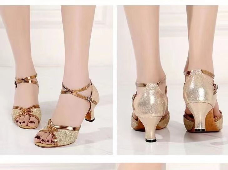 shuo women 5.5cm and 3.5cm high heel glittery fish mouth dance shoes woman shiny gold silver black dance shoes sandals