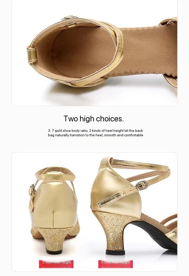 shuo women 5.5cm and 3.5cm high heel glittery fish mouth dance shoes woman shiny gold silver black dance shoes sandals