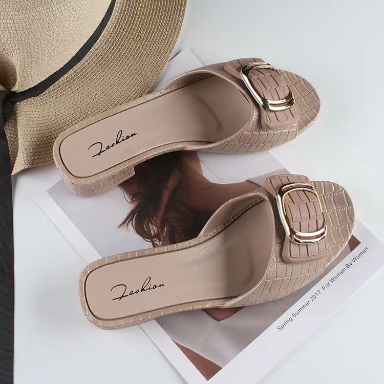 women's summer new chunky heel slippers fashion square buckle women's shoes for outdoors flat daily low heel flip-flops