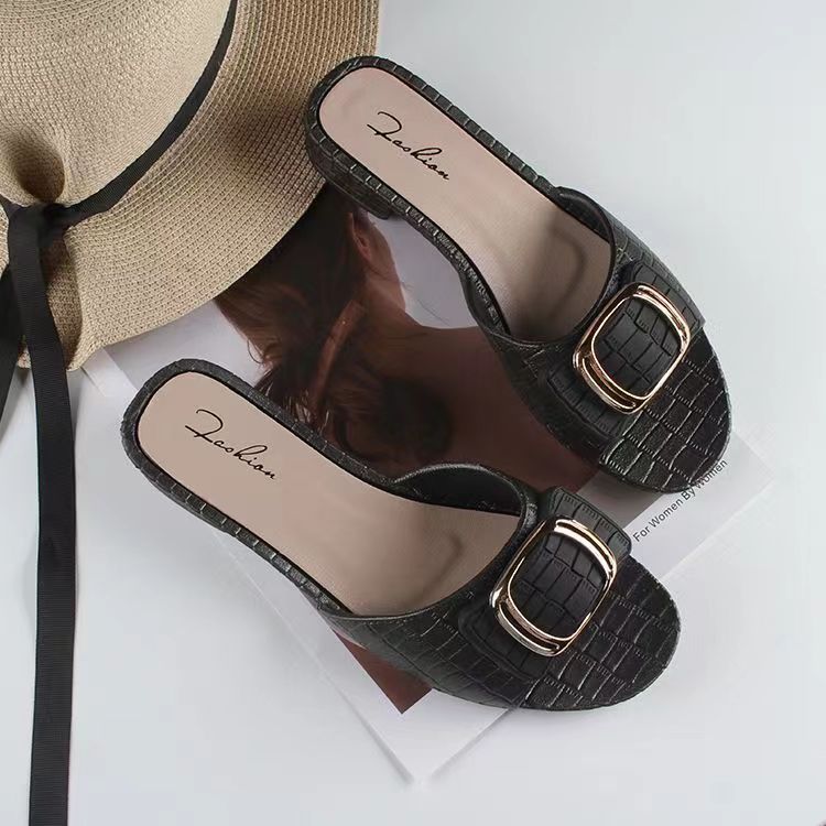 women's summer new chunky heel slippers fashion square buckle women's shoes for outdoors flat daily low heel flip-flops