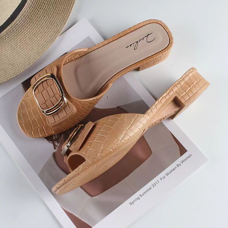 women's summer new chunky heel slippers fashion square buckle women's shoes for outdoors flat daily low heel flip-flops