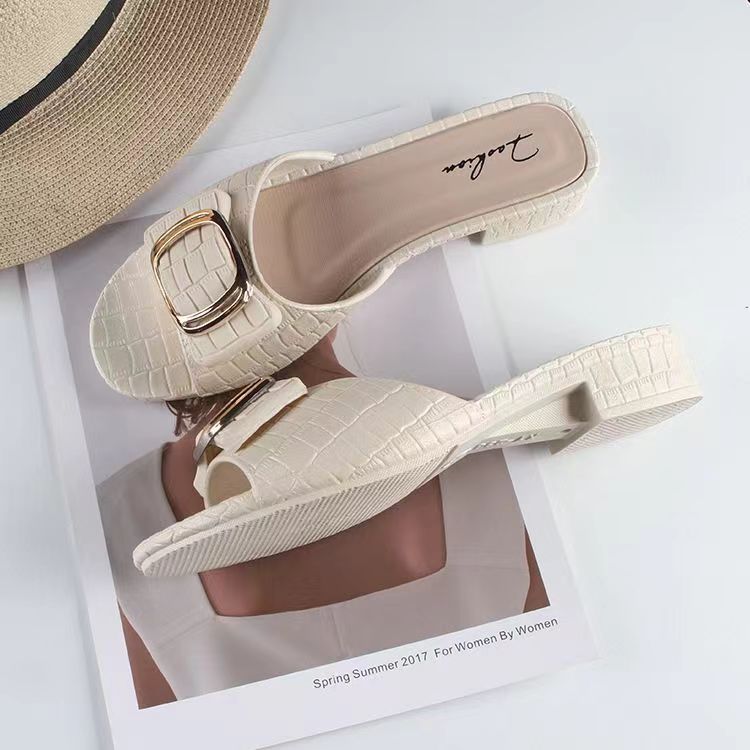 women's summer new chunky heel slippers fashion square buckle women's shoes for outdoors flat daily low heel flip-flops