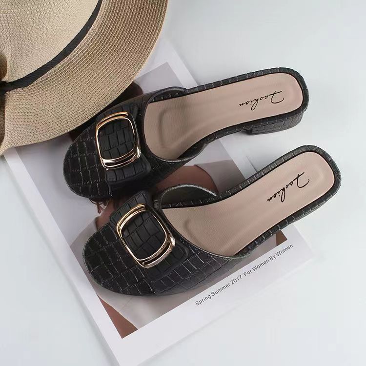 women's summer new chunky heel slippers fashion square buckle women's shoes for outdoors flat daily low heel flip-flops