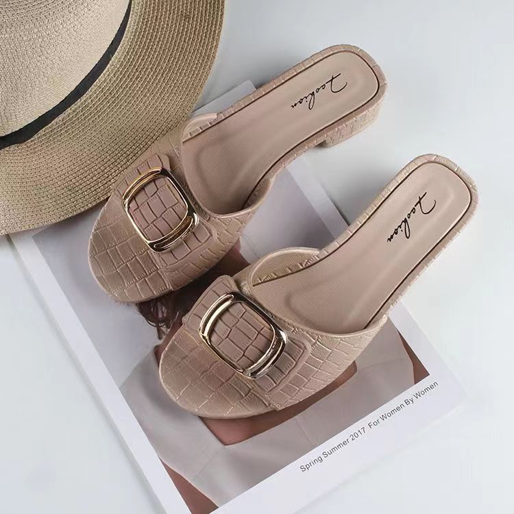 women's summer new chunky heel slippers fashion square buckle women's shoes for outdoors flat daily low heel flip-flops