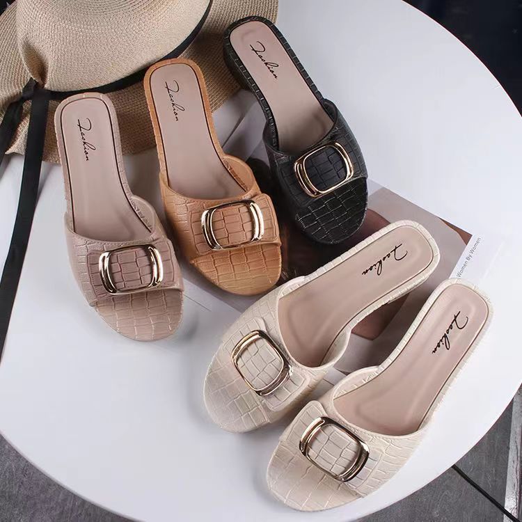 women's summer new chunky heel slippers fashion square buckle women's shoes for outdoors flat daily low heel flip-flops