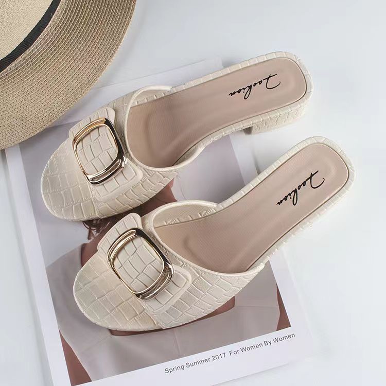 women's summer new chunky heel slippers fashion square buckle women's shoes for outdoors flat daily low heel flip-flops