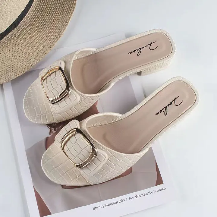 women's summer new chunky heel slippers fashion square buckle women's shoes for outdoors flat daily low heel flip-flops