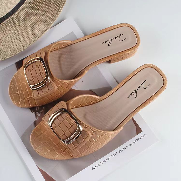 women's summer new chunky heel slippers fashion square buckle women's shoes for outdoors flat daily low heel flip-flops