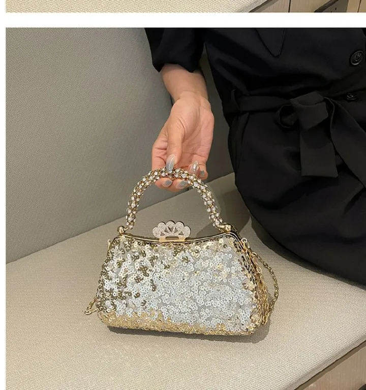 Fashion 2024 Trendy Beaded Sequin Evening Purse Glitter Crossbody Chain Shoulder Evening Purses Top Clutch Handbag for Women
