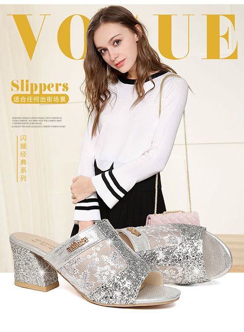 New Style Shiny Beauty Square heel Round toe Popular mules Summer high heel slippers for women and ladies