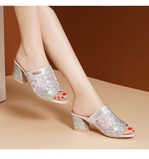 New Style Shiny Beauty Square heel Round toe Popular mules Summer high heel slippers for women and ladies