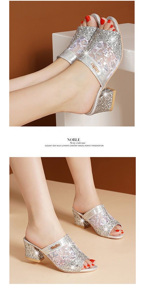 New Style Shiny Beauty Square heel Round toe Popular mules Summer high heel slippers for women and ladies