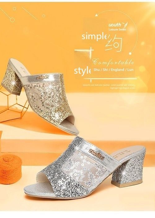 New Style Shiny Beauty Square heel Round toe Popular mules Summer high heel slippers for women and ladies